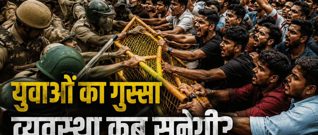 प्रदर्शन कर रहे युवा और पुलिस के बीच बैरिकेडिंग, भारत में बढ़ते युवा असंतोष का प्रतीक।