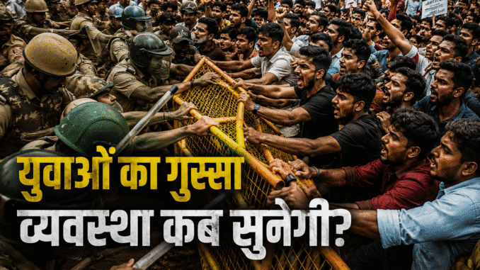 प्रदर्शन कर रहे युवा और पुलिस के बीच बैरिकेडिंग, भारत में बढ़ते युवा असंतोष का प्रतीक।